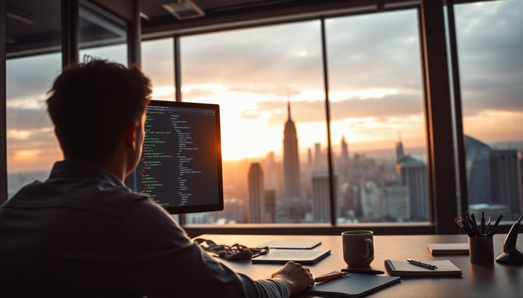 A data transformation tutorial set in a modern data analytics workspace. In the foreground, a computer screen displays a Redshift SQL query transforming and reshaping data. In the middle ground, a developer intently focuses on the screen, surrounded by a tidy desk with notepads, pens, and a coffee mug. The background features floor-to-ceiling windows overlooking a bustling city skyline, bathed in the warm glow of a sunset. Soft, diffused lighting creates a productive, contemplative atmosphere. The scene conveys the focus and concentration required to master Redshift data transformations. A data transformation tutorial set in a modern data analytics workspace. In the foreground, a computer screen displays a Redshift SQL query transforming and reshaping data. In the middle ground, a developer intently focuses on the screen, surrounded by a tidy desk with notepads, pens, and a coffee mug. The background features floor-to-ceiling windows overlooking a bustling city skyline, bathed in the warm glow of a sunset. Soft, diffused lighting creates a productive, contemplative atmosphere. The scene conveys the focus and concentration required to master Redshift data transformations.