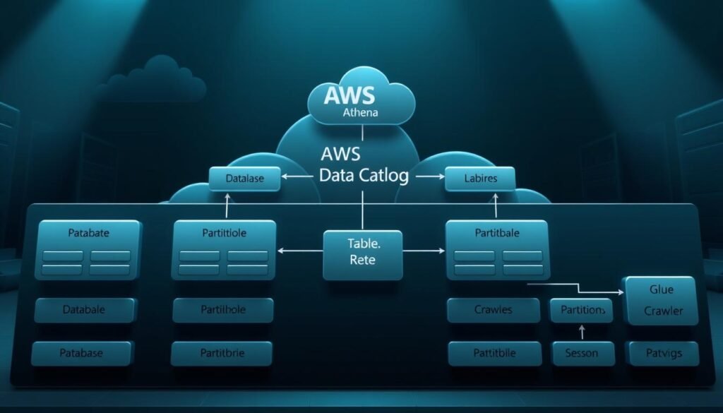 A detailed, architectural diagram of the AWS Athena Data Catalog structure. The foreground shows the main components - databases, tables, and partitions - with clear, labeled connections between them. The middle ground depicts the metadata repository and the Glue crawler that populates the Data Catalog. In the background, a subtle AWS cloud environment with servers and data stores, all rendered in a sleek, technical style with muted colors and strong shadows to convey a sense of depth and complexity. The lighting is cool and directional, emphasizing the structure and relationships within the Data Catalog. The overall tone is professional, informative, and visually engaging, suitable for an educational article on AWS Athena. A detailed, architectural diagram of the AWS Athena Data Catalog structure. The foreground shows the main components - databases, tables, and partitions - with clear, labeled connections between them. The middle ground depicts the metadata repository and the Glue crawler that populates the Data Catalog. In the background, a subtle AWS cloud environment with servers and data stores, all rendered in a sleek, technical style with muted colors and strong shadows to convey a sense of depth and complexity. The lighting is cool and directional, emphasizing the structure and relationships within the Data Catalog. The overall tone is professional, informative, and visually engaging, suitable for an educational article on AWS Athena.
