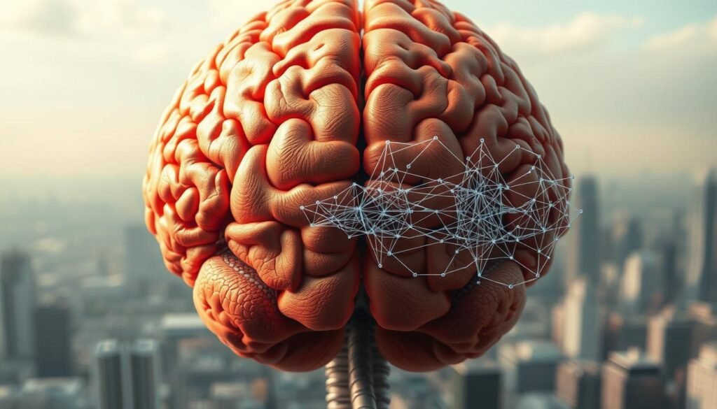 A detailed side-by-side comparison of the language processing capabilities of the human brain and artificial intelligence. In the foreground, an anatomical cross-section of the cerebral cortex showcases the intricate neural networks underlying human language comprehension. In the middle ground, a series of neural network diagrams illustrate the computational structures of state-of-the-art AI language models. The background depicts a futuristic cityscape, symbolizing the integration of human and artificial intelligence. Soft, diffused lighting casts a contemplative mood, inviting the viewer to ponder the similarities and differences between biological and machine intelligence. Captured with a wide-angle lens to provide a sense of scale and depth, this image aims to visually encapsulate the complex interplay between the natural and artificial realms of language processing. A detailed side-by-side comparison of the language processing capabilities of the human brain and artificial intelligence. In the foreground, an anatomical cross-section of the cerebral cortex showcases the intricate neural networks underlying human language comprehension. In the middle ground, a series of neural network diagrams illustrate the computational structures of state-of-the-art AI language models. The background depicts a futuristic cityscape, symbolizing the integration of human and artificial intelligence. Soft, diffused lighting casts a contemplative mood, inviting the viewer to ponder the similarities and differences between biological and machine intelligence. Captured with a wide-angle lens to provide a sense of scale and depth, this image aims to visually encapsulate the complex interplay between the natural and artificial realms of language processing.