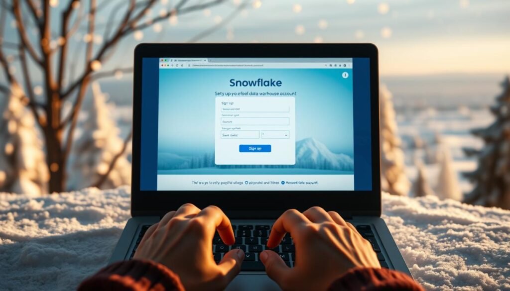 A detailed, step-by-step tutorial on setting up a Snowflake data warehouse account. In the foreground, a laptop screen displays the Snowflake sign-up page, with a welcoming interface and intuitive form fields. In the middle ground, the user's hands hover over the keyboard, ready to input account details. The background features a serene, snowy landscape, with softly falling snowflakes to evoke the platform's name. Warm, natural lighting illuminates the scene, creating a calm and inviting atmosphere for beginners embarking on their Snowflake journey. The overall composition conveys a sense of guided exploration and accessible data management. A detailed, step-by-step tutorial on setting up a Snowflake data warehouse account. In the foreground, a laptop screen displays the Snowflake sign-up page, with a welcoming interface and intuitive form fields. In the middle ground, the user's hands hover over the keyboard, ready to input account details. The background features a serene, snowy landscape, with softly falling snowflakes to evoke the platform's name. Warm, natural lighting illuminates the scene, creating a calm and inviting atmosphere for beginners embarking on their Snowflake journey. The overall composition conveys a sense of guided exploration and accessible data management.