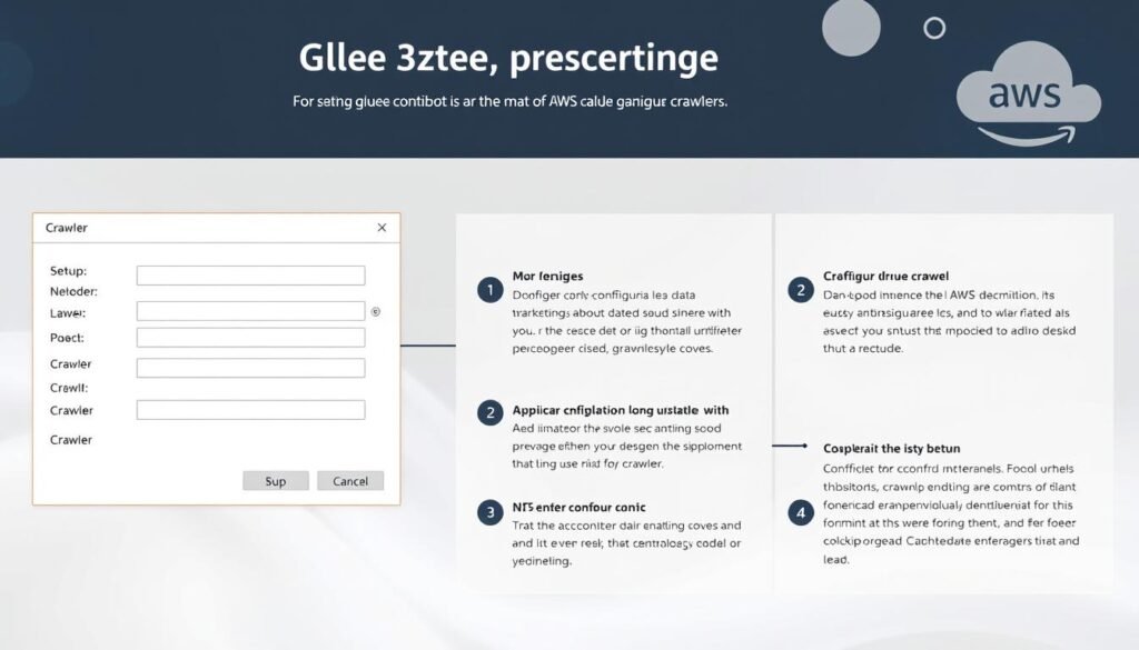A detailed, technical diagram depicting the step-by-step configuration process for an AWS Glue crawler. The foreground shows a clean, minimalist user interface with clearly labeled input fields and buttons for crawler setup. The middle ground features a series of numbered steps guiding the user through the crawler configuration workflow, with each step accompanied by a concise description. The background subtly blends AWS branding elements, such as the cloud logo and color palette, to reinforce the AWS context. The overall mood is one of professionalism, clarity, and practical guidance, suitable for an educational tutorial on AWS Glue. The image is rendered in a precise, technical illustration style with a focus on usability and information hierarchy. A detailed, technical diagram depicting the step-by-step configuration process for an AWS Glue crawler. The foreground shows a clean, minimalist user interface with clearly labeled input fields and buttons for crawler setup. The middle ground features a series of numbered steps guiding the user through the crawler configuration workflow, with each step accompanied by a concise description. The background subtly blends AWS branding elements, such as the cloud logo and color palette, to reinforce the AWS context. The overall mood is one of professionalism, clarity, and practical guidance, suitable for an educational tutorial on AWS Glue. The image is rendered in a precise, technical illustration style with a focus on usability and information hierarchy.