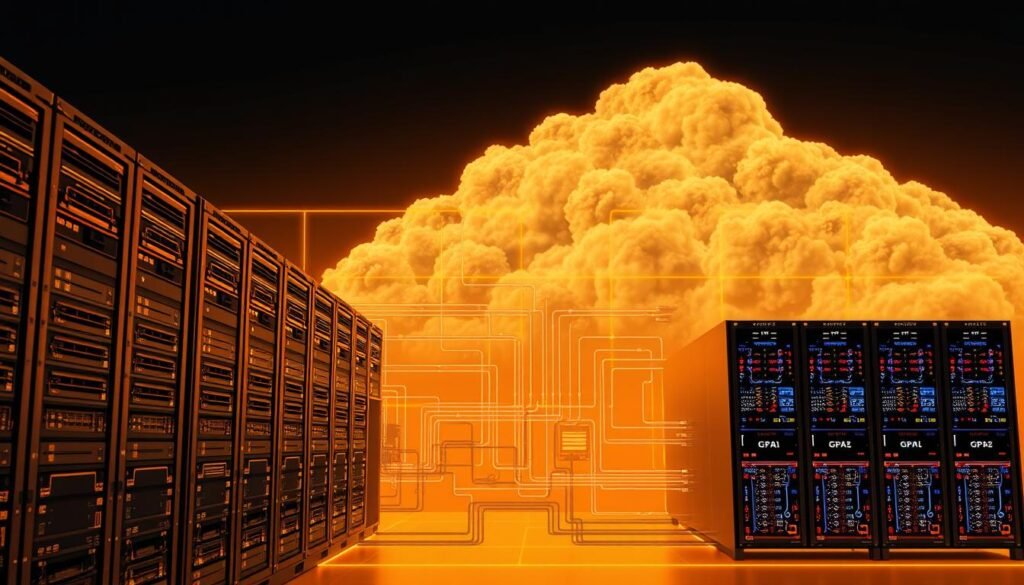 A detailed technical diagram showcasing the comparative hardware infrastructure requirements for cloud-based AI systems. In the foreground, a series of interconnected server racks, each hosting a range of high-performance GPUs, CPUs, and specialized AI accelerators. The middle ground depicts a complex network of fiber optic cables, routers, and cooling systems that enable seamless data flow and processing. In the background, a sprawling cloud-like formation represents the vast distributed computing power required to power advanced generative AI models. The scene is illuminated by a warm, technical glow, conveying the scale and complexity of the hardware backbone supporting cutting-edge AI technologies. A detailed technical diagram showcasing the comparative hardware infrastructure requirements for cloud-based AI systems. In the foreground, a series of interconnected server racks, each hosting a range of high-performance GPUs, CPUs, and specialized AI accelerators. The middle ground depicts a complex network of fiber optic cables, routers, and cooling systems that enable seamless data flow and processing. In the background, a sprawling cloud-like formation represents the vast distributed computing power required to power advanced generative AI models. The scene is illuminated by a warm, technical glow, conveying the scale and complexity of the hardware backbone supporting cutting-edge AI technologies.
