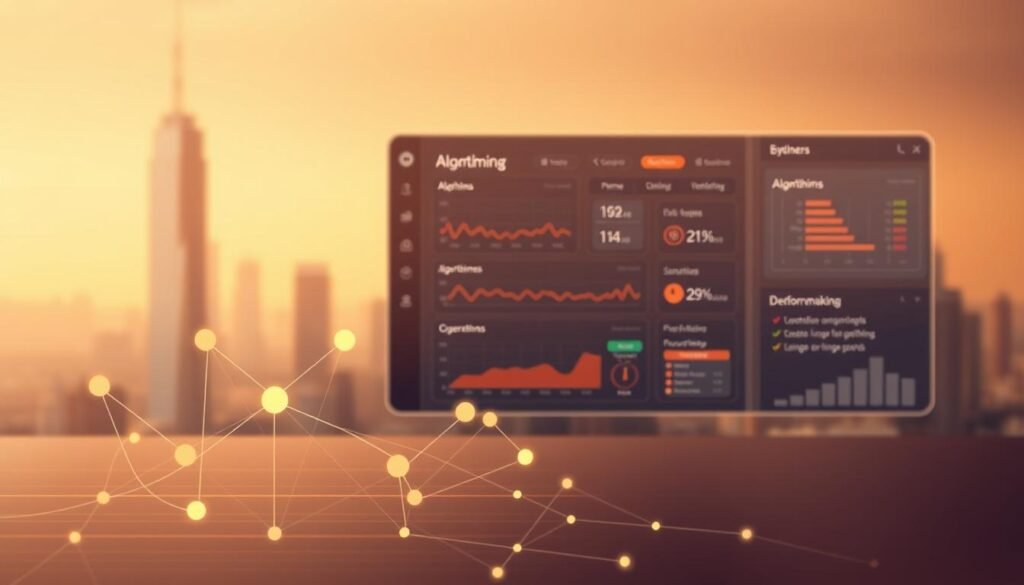 A detailed, technical illustration of algorithm selection criteria, captured in a sleek, minimalist style. The foreground features a clean, vector-like visualization of various algorithms represented by geometric shapes and lines, with clear delineations between them. The middle ground showcases a dashboard-like interface, displaying data points, metrics, and decision-making criteria used to evaluate and select the optimal algorithm. The background depicts a subtle, futuristic cityscape, hinting at the real-world applications of this process. Warm, diffused lighting creates a sense of depth and emphasizes the analytical nature of the scene. The overall composition conveys a balance of complexity and elegance, reflecting the sophisticated decision-making involved in algorithm selection. A detailed, technical illustration of algorithm selection criteria, captured in a sleek, minimalist style. The foreground features a clean, vector-like visualization of various algorithms represented by geometric shapes and lines, with clear delineations between them. The middle ground showcases a dashboard-like interface, displaying data points, metrics, and decision-making criteria used to evaluate and select the optimal algorithm. The background depicts a subtle, futuristic cityscape, hinting at the real-world applications of this process. Warm, diffused lighting creates a sense of depth and emphasizes the analytical nature of the scene. The overall composition conveys a balance of complexity and elegance, reflecting the sophisticated decision-making involved in algorithm selection.