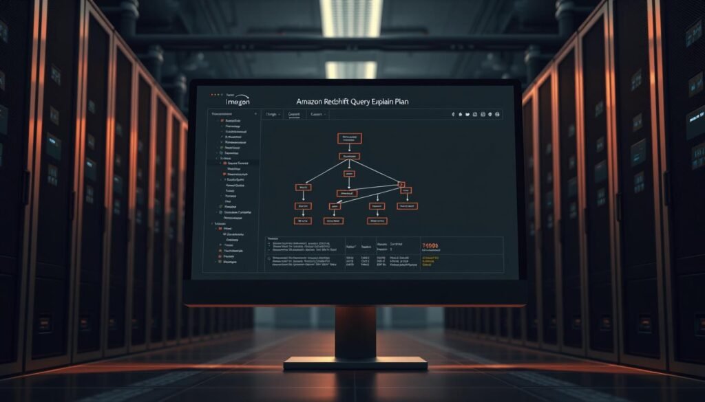 A detailed three-dimensional render of an Amazon Redshift query explain plan, displayed on a large computer monitor against a dimly lit backdrop of a modern data center. The screen shows a complex hierarchical diagram with nodes, edges, and statistical metrics, illuminated by soft, warm lighting that casts subtle shadows. The monitor is positioned prominently in the foreground, with a sleek, minimalist design that complements the high-tech environment. In the middle ground, glimpses of server racks and networking equipment can be seen, creating a sense of scale and technical sophistication. The background features muted, neutral tones to draw the viewer's attention to the central display, conveying a mood of analytical focus and technological prowess. A detailed three-dimensional render of an Amazon Redshift query explain plan, displayed on a large computer monitor against a dimly lit backdrop of a modern data center. The screen shows a complex hierarchical diagram with nodes, edges, and statistical metrics, illuminated by soft, warm lighting that casts subtle shadows. The monitor is positioned prominently in the foreground, with a sleek, minimalist design that complements the high-tech environment. In the middle ground, glimpses of server racks and networking equipment can be seen, creating a sense of scale and technical sophistication. The background features muted, neutral tones to draw the viewer's attention to the central display, conveying a mood of analytical focus and technological prowess.