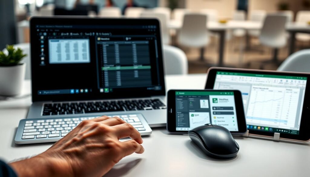 A detailed, well-lit image of a person's hands demonstrating step-by-step data entry techniques in Microsoft Excel. The foreground features the hands on a clean, minimalist desktop workspace, with a laptop displaying the Excel interface. The middle ground includes a tablet or smartphone displaying visual guides and tutorials about data entry best practices. The background is a soft, blurred office environment, emphasizing the focus on the hands and digital devices. The lighting is natural and even, highlighting the fine details of the keyboard, mouse, and Excel menus. The overall mood is one of productivity, learning, and mastery of essential Excel data entry skills.