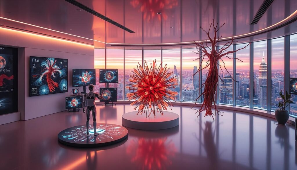 A digital studio with various AI generative art tools and interfaces floating in a sleek, futuristic environment. In the foreground, a humanoid AI assistant operates several holographic displays, manipulating abstract digital artworks. In the middle ground, a large, organic neural network sculpture pulses with dynamic, colorful patterns. In the background, a panoramic view of a high-tech, minimalist creative workspace with floor-to-ceiling windows overlooking a vibrant, neon-lit cityscape. Warm, directional lighting accentuates the forms and textures, creating a sense of depth and atmosphere. The overall scene conveys the seamless integration of advanced AI technology within a contemporary creative process. A digital studio with various AI generative art tools and interfaces floating in a sleek, futuristic environment. In the foreground, a humanoid AI assistant operates several holographic displays, manipulating abstract digital artworks. In the middle ground, a large, organic neural network sculpture pulses with dynamic, colorful patterns. In the background, a panoramic view of a high-tech, minimalist creative workspace with floor-to-ceiling windows overlooking a vibrant, neon-lit cityscape. Warm, directional lighting accentuates the forms and textures, creating a sense of depth and atmosphere. The overall scene conveys the seamless integration of advanced AI technology within a contemporary creative process.