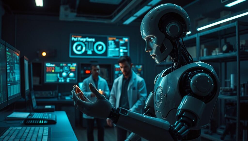 A dimly lit laboratory, the soft hum of computers punctuating the silence. In the foreground, a humanoid robot struggles to grasp a simple object, its movements jerky and uncoordinated. The middle ground reveals a team of scientists, brows furrowed in concentration, as they analyze the robot's performance data on a series of holographic displays. In the background, shelves of specialized components and half-assembled prototypes hint at the complex challenges of imbuing machines with true intelligence. The scene conveys the limitations of current AI technology, the gap between robotic capabilities and the dexterity and problem-solving prowess of the human mind.