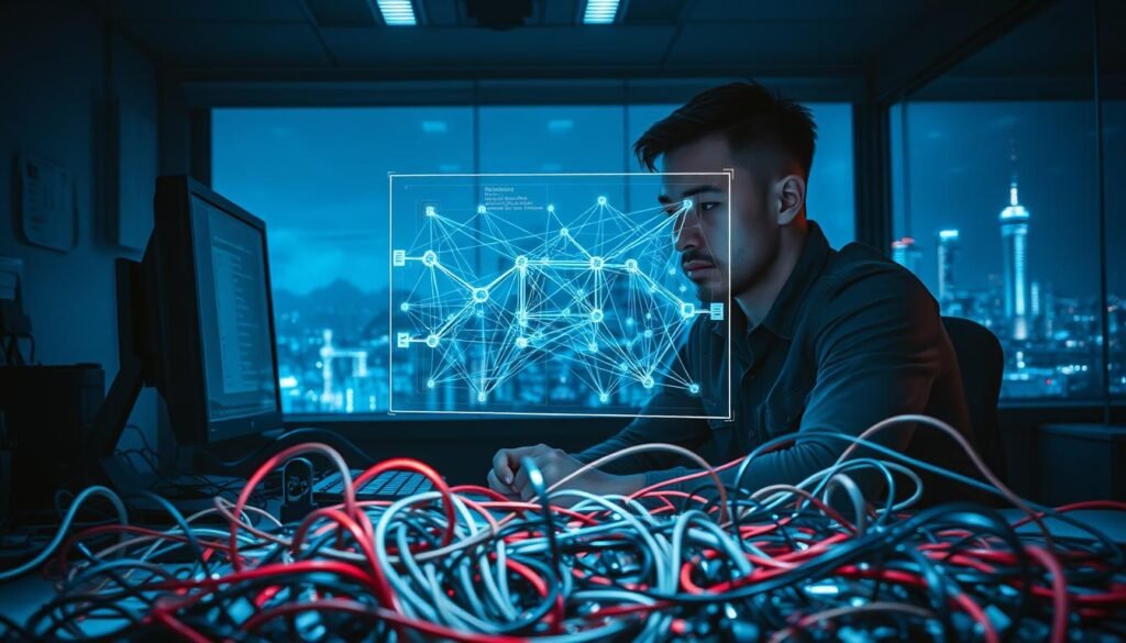 A dimly lit office workspace, with a desktop computer and various electronic components strewn across the desk. The foreground features a tangled mess of wires and cables, symbolizing the complexity and challenges of implementing generative AI systems. In the middle ground, a developer ponders a holographic projection of a neural network architecture, brow furrowed in concentration. The background showcases a panoramic view of a futuristic city skyline, hinting at the broader technological landscape in which these AI systems must be deployed. The scene is bathed in a cool, bluish hue, conveying a sense of technical sophistication and the daunting nature of the task at hand. A dimly lit office workspace, with a desktop computer and various electronic components strewn across the desk. The foreground features a tangled mess of wires and cables, symbolizing the complexity and challenges of implementing generative AI systems. In the middle ground, a developer ponders a holographic projection of a neural network architecture, brow furrowed in concentration. The background showcases a panoramic view of a futuristic city skyline, hinting at the broader technological landscape in which these AI systems must be deployed. The scene is bathed in a cool, bluish hue, conveying a sense of technical sophistication and the daunting nature of the task at hand.