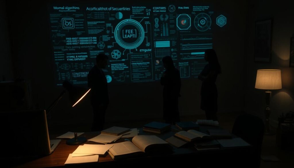 A dimly lit room, the air thick with contemplation. In the foreground, a table with a laptop, books, and papers scattered haphazardly, illuminated by a single desk lamp. Projected onto the wall behind, an array of complex algorithms and data visualizations, casting an eerie glow. Shadowy figures, their faces obscured, stand in the background, deep in discussion, grappling with the ethical implications of their creations. The scene conveys a sense of unease, as the weight of moral responsibility hangs heavy in the room.