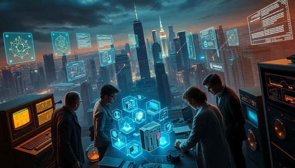 A dramatic, cinematic scene depicting the key milestones in the evolution of artificial intelligence during the "Knowledge Revolution" era of 1975-1987. In the foreground, a group of scientists and engineers gathered around a large mainframe computer, deep in discussion as they pore over complex schematics and data readouts. The middle ground features various breakthroughs such as the first neural network models, expert systems, and natural language processing algorithms, each represented by glowing holographic projections. In the background, a sprawling cityscape with towering skyscrapers and futuristic transportation modes sets the stage for this pivotal period of AI's growth. Dramatic lighting casts long shadows, creating a sense of momentum and discovery. The overall atmosphere conveys the intellectual excitement and rapid advancements that transformed the field of AI during this transformative era. A dramatic, cinematic scene depicting the key milestones in the evolution of artificial intelligence during the "Knowledge Revolution" era of 1975-1987. In the foreground, a group of scientists and engineers gathered around a large mainframe computer, deep in discussion as they pore over complex schematics and data readouts. The middle ground features various breakthroughs such as the first neural network models, expert systems, and natural language processing algorithms, each represented by glowing holographic projections. In the background, a sprawling cityscape with towering skyscrapers and futuristic transportation modes sets the stage for this pivotal period of AI's growth. Dramatic lighting casts long shadows, creating a sense of momentum and discovery. The overall atmosphere conveys the intellectual excitement and rapid advancements that transformed the field of AI during this transformative era.