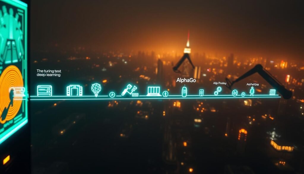 A dramatic overhead view of a timeline depicting the key milestones in the history of artificial intelligence development. In the foreground, a series of glowing digital icons representing landmark AI breakthroughs like the Turing test, deep learning, and AlphaGo. The middle ground features sleek, futuristic data servers and robotic arms, casting long shadows. In the distant background, a hazy cityscape with skyscrapers and glowing neon lights. The scene is illuminated by a warm, cinematic lighting, creating a sense of technological progress and innovation. The overall atmosphere is one of excitement and anticipation around the rapidly advancing field of AI. A dramatic overhead view of a timeline depicting the key milestones in the history of artificial intelligence development. In the foreground, a series of glowing digital icons representing landmark AI breakthroughs like the Turing test, deep learning, and AlphaGo. The middle ground features sleek, futuristic data servers and robotic arms, casting long shadows. In the distant background, a hazy cityscape with skyscrapers and glowing neon lights. The scene is illuminated by a warm, cinematic lighting, creating a sense of technological progress and innovation. The overall atmosphere is one of excitement and anticipation around the rapidly advancing field of AI.