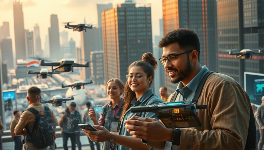 A dynamic, AI-powered workforce in a futuristic metropolis. In the foreground, diverse teams of workers collaborate on holographic interfaces, their faces alight with the transformative potential of AI-driven tools. In the middle ground, autonomous robots and drones swiftly execute complex tasks, integrating seamlessly with human employees. The background depicts a bustling cityscape, its skyscrapers and infrastructure reflecting the technological advancements that empower this new era of work. Warm, diffused lighting casts a hopeful glow, while a sense of energy and progress pervades the scene. This image captures the essence of AI's profound impact on the modern workplace, where human ingenuity and machine intelligence converge to redefine the nature of employment.
