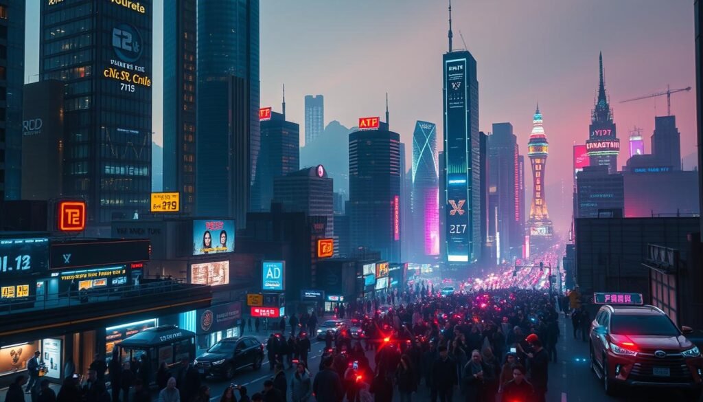 A dynamic, neon-tinged cityscape, bustling with the rapid progress of the AI revolution. In the foreground, towering skyscrapers and sleek, futuristic architecture reflect the rapid technological advancements transforming the urban landscape. Bright, pulsing lights and holographic displays hint at the integration of artificial intelligence into everyday life. In the middle ground, crowds of people navigate the streets, their faces illuminated by the glow of smart devices, capturing the profound societal and economic shifts driven by the AI revolution. The background fades into a hazy, neon-tinged horizon, suggesting the far-reaching, global impact of this transformative technology. The scene conveys a sense of both excitement and unease, capturing the complexity and gravity of the AI revolution's impact on the world.