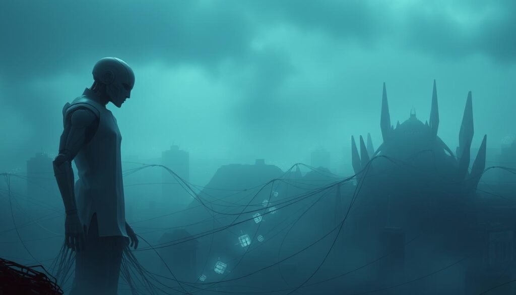 A dystopian landscape of a futuristic cityscape, shrouded in a hazy, ominous atmosphere. In the foreground, a towering humanoid figure, its features obscured by sleek, metallic panels, stands ominously, casting an imposing shadow. In the middle ground, a web of interconnected devices and cables crawl across the scene, symbolizing the pervasive influence of advanced technology. In the background, a dimly lit skyline is dotted with looming, angular structures, suggesting a world dominated by artificial intelligence. The entire scene is bathed in a cool, blue-tinged lighting, creating a sense of unease and foreboding. A dystopian landscape of a futuristic cityscape, shrouded in a hazy, ominous atmosphere. In the foreground, a towering humanoid figure, its features obscured by sleek, metallic panels, stands ominously, casting an imposing shadow. In the middle ground, a web of interconnected devices and cables crawl across the scene, symbolizing the pervasive influence of advanced technology. In the background, a dimly lit skyline is dotted with looming, angular structures, suggesting a world dominated by artificial intelligence. The entire scene is bathed in a cool, blue-tinged lighting, creating a sense of unease and foreboding.