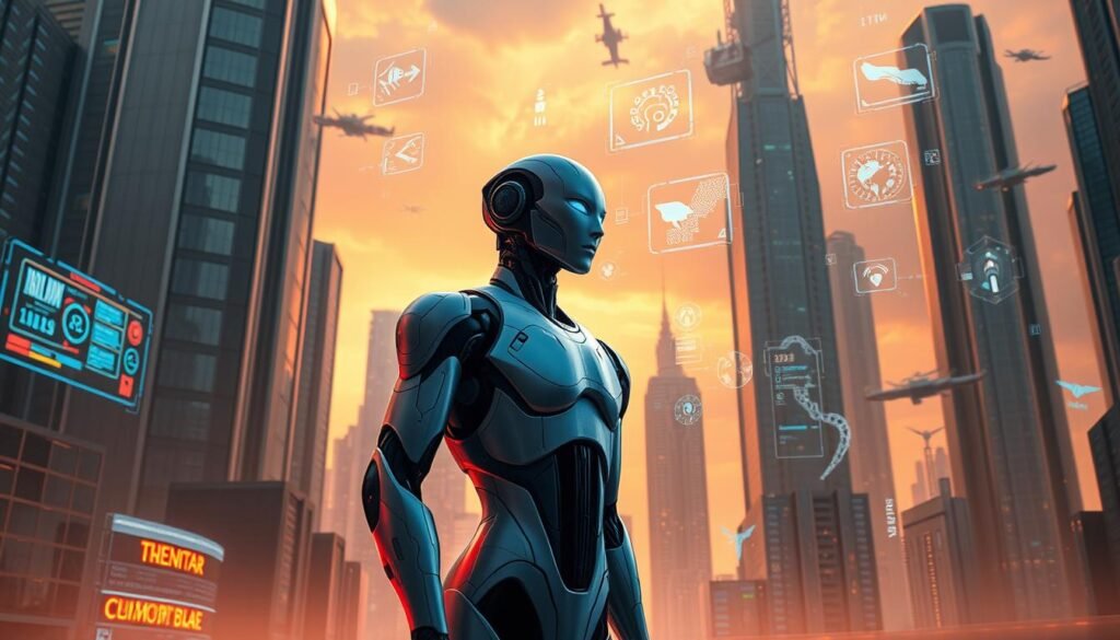 A futuristic cityscape with towering skyscrapers and hovering aerial vehicles. In the foreground, a humanoid figure with a sleek, metallic appearance stands alongside a more organic-looking entity, representing the fusion of artificial and human intelligence. The background is bathed in a warm, ambient glow, with holographic interfaces and data visualizations floating in the air, conveying the advanced technological landscape. The scene is captured with a wide-angle lens, emphasizing the scale and integration of these hybrid intelligence systems. The overall mood is one of progress, innovation, and the harmonious coexistence of man and machine.