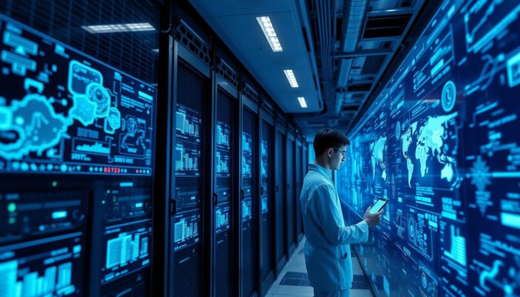 A futuristic data processing center with rows of high-performance computing servers and intricate cables. Holographic displays project complex data visualizations, bathing the room in a soft, blue-tinted glow. The scene is illuminated by sleek, recessed lighting, creating a sense of depth and highlighting the technical details. In the foreground, a lone data scientist examines a touchscreen interface, immersed in the real-time flow of information. The overall atmosphere conveys the power and sophistication of AI-driven data processing, perfectly encapsulating the technological advancements that enable the functionality of artificial intelligence. A futuristic data processing center with rows of high-performance computing servers and intricate cables. Holographic displays project complex data visualizations, bathing the room in a soft, blue-tinted glow. The scene is illuminated by sleek, recessed lighting, creating a sense of depth and highlighting the technical details. In the foreground, a lone data scientist examines a touchscreen interface, immersed in the real-time flow of information. The overall atmosphere conveys the power and sophistication of AI-driven data processing, perfectly encapsulating the technological advancements that enable the functionality of artificial intelligence.