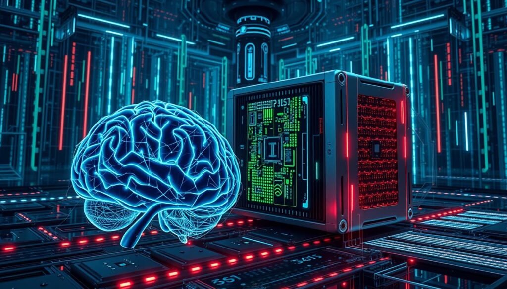 A futuristic, high-tech visual comparison of the processing speed between the intricate neural networks of the human brain and the lightning-fast computations of advanced artificial intelligence systems. In the foreground, a highly detailed, cross-sectional view of the brain's synaptic activity, rendered in glowing neon blues and greens. In the middle ground, a sleek, metallic AI processor unit, its circuitry pulsing with vibrant, dynamic energy. The background is a matrix of cascading data streams, binary code, and futuristic architectural elements, creating a sense of technological grandeur. Dramatic lighting and cinematic camera angles emphasize the scale and complexity of this profound technological juxtaposition. The overall mood is one of scientific awe and the ongoing race between human and machine intelligence. A futuristic, high-tech visual comparison of the processing speed between the intricate neural networks of the human brain and the lightning-fast computations of advanced artificial intelligence systems. In the foreground, a highly detailed, cross-sectional view of the brain's synaptic activity, rendered in glowing neon blues and greens. In the middle ground, a sleek, metallic AI processor unit, its circuitry pulsing with vibrant, dynamic energy. The background is a matrix of cascading data streams, binary code, and futuristic architectural elements, creating a sense of technological grandeur. Dramatic lighting and cinematic camera angles emphasize the scale and complexity of this profound technological juxtaposition. The overall mood is one of scientific awe and the ongoing race between human and machine intelligence.