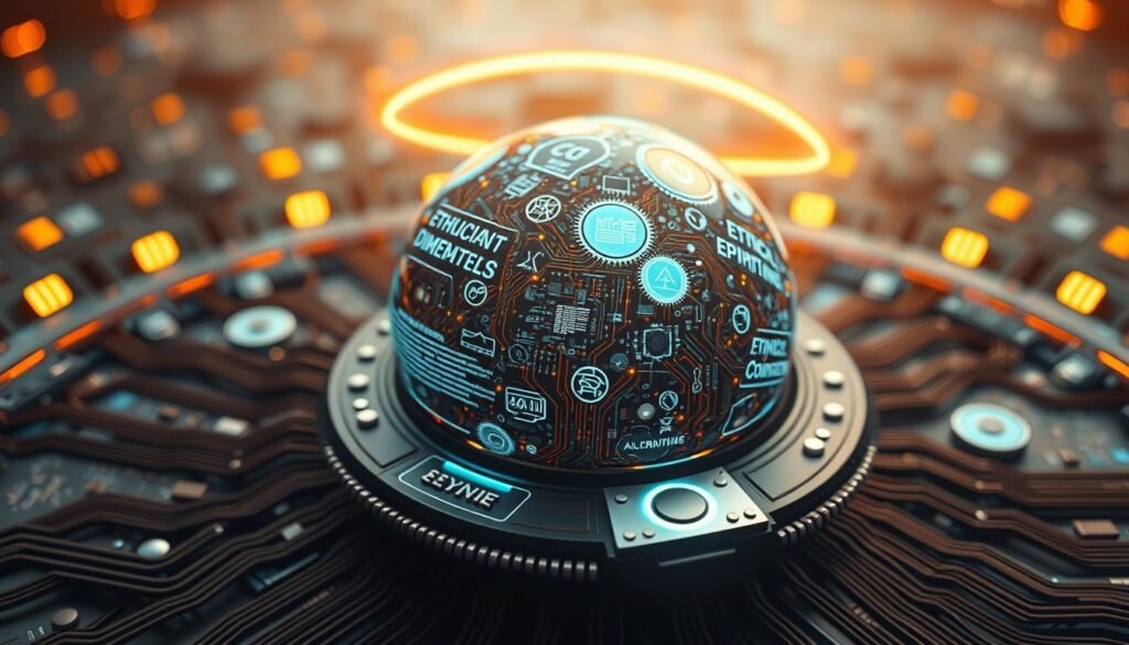 A high-angle, wide-shot view of a spherical AI system surrounded by a halo of warm, golden light. In the foreground, intricate circuit boards and wiring symbolize the complex infrastructure of AI. In the middle ground, holographic displays depict ethical dilemmas, algorithms, and data flows. The background is blurred, suggesting the vast and uncertain future of AI and its impact on humanity. The overall mood is one of contemplation and reverence, inviting the viewer to ponder the weighty ethical considerations in AI development. A high-angle, wide-shot view of a spherical AI system surrounded by a halo of warm, golden light. In the foreground, intricate circuit boards and wiring symbolize the complex infrastructure of AI. In the middle ground, holographic displays depict ethical dilemmas, algorithms, and data flows. The background is blurred, suggesting the vast and uncertain future of AI and its impact on humanity. The overall mood is one of contemplation and reverence, inviting the viewer to ponder the weighty ethical considerations in AI development.