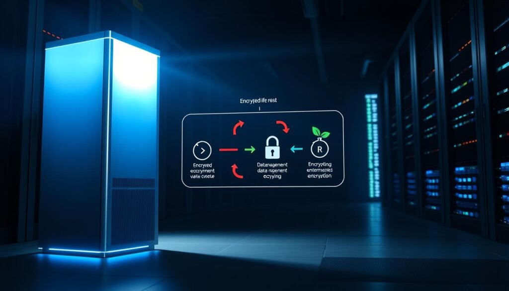 A high-contrast, cinematic scene of the Amazon Redshift data warehouse system. In the foreground, a sleek, silver server tower emits a soft blue glow, representing the encrypted data at rest. Behind it, a stylized visualization of the Redshift encryption lifecycle, with colored arrows and icons depicting the key management, data encryption, and decryption processes. In the background, a shadowy data center landscape with server racks and a glowing network of cables, conveying the secure, enterprise-grade infrastructure. The lighting is dramatic, with deep shadows and highlights that accentuate the technical details. The overall mood is one of enterprise-level data security and reliability. A high-contrast, cinematic scene of the Amazon Redshift data warehouse system. In the foreground, a sleek, silver server tower emits a soft blue glow, representing the encrypted data at rest. Behind it, a stylized visualization of the Redshift encryption lifecycle, with colored arrows and icons depicting the key management, data encryption, and decryption processes. In the background, a shadowy data center landscape with server racks and a glowing network of cables, conveying the secure, enterprise-grade infrastructure. The lighting is dramatic, with deep shadows and highlights that accentuate the technical details. The overall mood is one of enterprise-level data security and reliability.