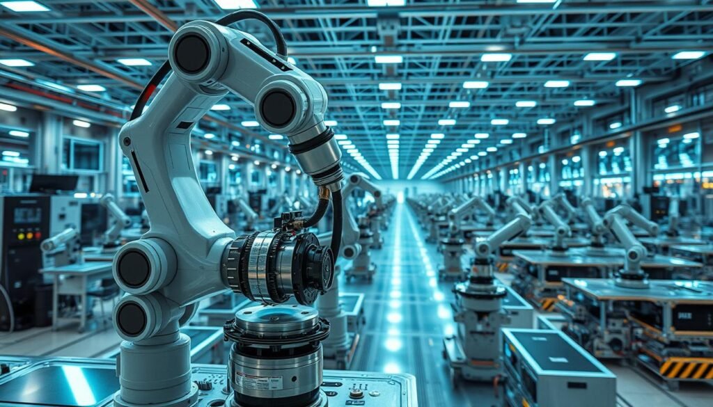 A high-precision industrial robotics workstation in a state-of-the-art manufacturing facility. In the foreground, a robotic arm with multiple joints and sensors precisely manipulates a complex mechanical part, its movements choreographed with machine-like efficiency. The middle ground features a series of workstations equipped with advanced computer-controlled machinery, their gleaming metallic surfaces bathed in the cool, blue-white glow of full-spectrum LED lighting. In the background, a panoramic view of the expansive factory floor, with rows of identical robotic systems meticulously performing their tasks in perfect synchronization, a testament to the power of automation and the potential of physical task execution by intelligent machines.
