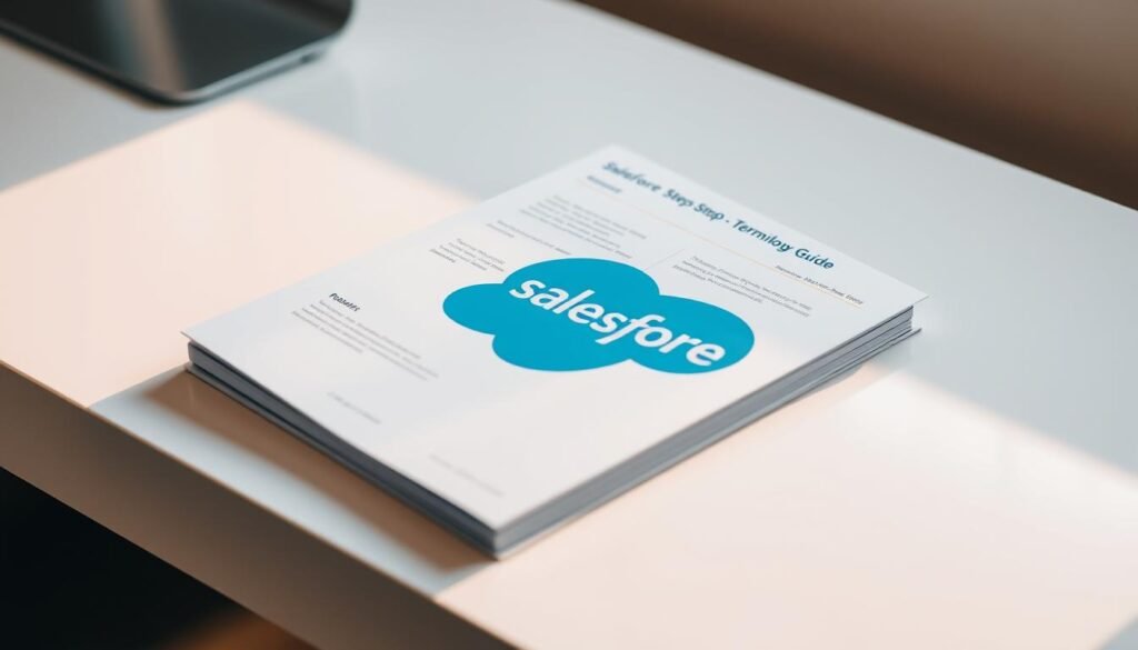 A high-quality, step-by-step Salesforce terminology guide, presented on a sleek, minimalist white desk. The guide's cover features the "Salesforce" logo prominently, with a clean, modern typography. The pages are crisp and organized, with clear headings and concise explanations of key Salesforce concepts. Warm, directional lighting illuminates the guide, creating a sense of focus and clarity. The composition is balanced, with the guide occupying the central frame, surrounded by a clean, uncluttered background that allows the content to take center stage. The overall mood is professional, educational, and inviting, reflecting the subject matter and the intended use within the Salesforce tutorial article. A high-quality, step-by-step Salesforce terminology guide, presented on a sleek, minimalist white desk. The guide's cover features the "Salesforce" logo prominently, with a clean, modern typography. The pages are crisp and organized, with clear headings and concise explanations of key Salesforce concepts. Warm, directional lighting illuminates the guide, creating a sense of focus and clarity. The composition is balanced, with the guide occupying the central frame, surrounded by a clean, uncluttered background that allows the content to take center stage. The overall mood is professional, educational, and inviting, reflecting the subject matter and the intended use within the Salesforce tutorial article.