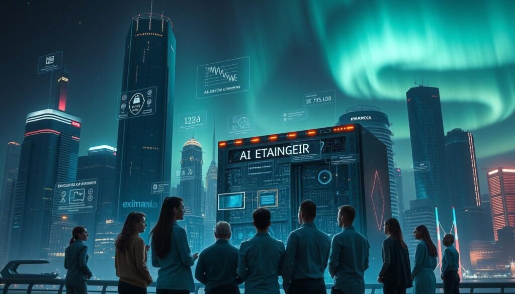 A high-tech cityscape at night, with towering skyscrapers and a futuristic skyline. In the foreground, a group of diverse individuals stand in a circle, deep in discussion, their expressions contemplative. Holograms and data visualizations float around them, depicting various ethical considerations and privacy concerns related to AI development. The middle ground features a massive AI mainframe, its complex circuitry and blinking lights evoking a sense of power and potential. In the background, the sky is lit by the Aurora Borealis, casting an ethereal, otherworldly glow over the scene. The overall mood is one of thoughtful contemplation, balancing the awe-inspiring capabilities of AI with the need to carefully consider its societal impact.