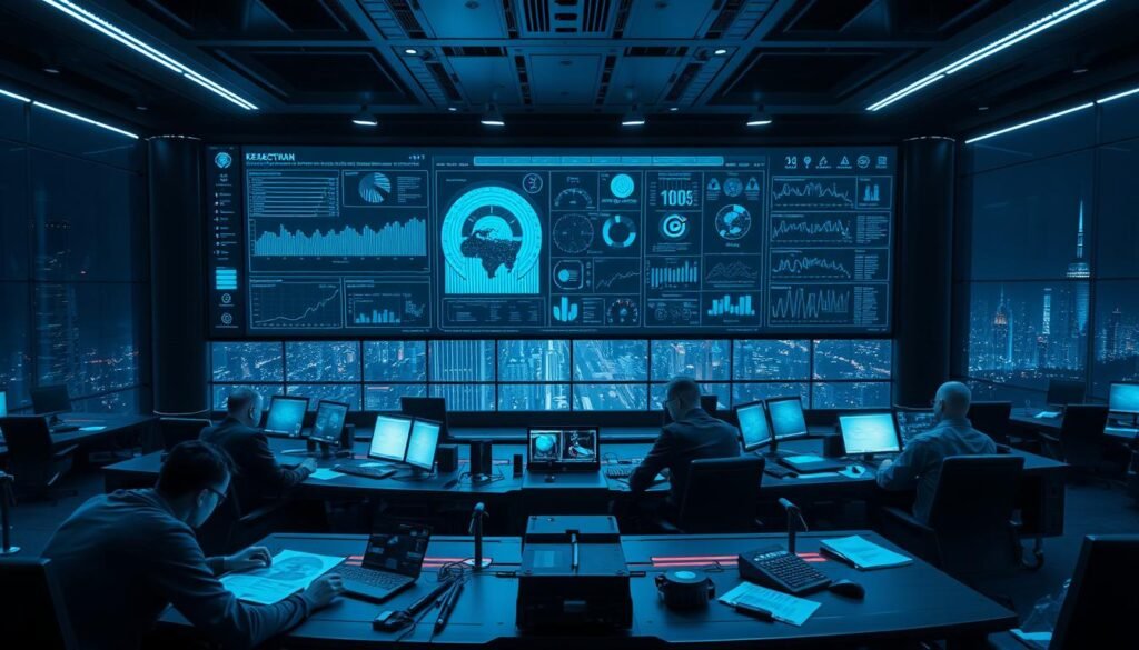A high-tech command center with a massive wall-mounted display showing real-time predictive data analytics, glowing with an ominous blue hue. In the foreground, a team of analysts poring over reports and dashboards, their expressions tense as they monitor emerging threats. The middle ground features sleek, minimalist workstations and cutting-edge technology, creating an atmosphere of precision and control. The background showcases a panoramic view of a futuristic cityscape, hinting at the far-reaching implications of the early warning system. Dramatic cinematic lighting and camera angles convey the gravity and importance of the scene.