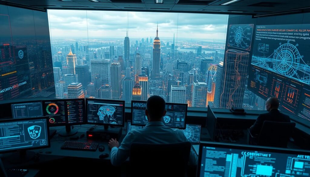 A high-tech cybersecurity command center, with sleek workstations and large holographic displays. In the foreground, an analyst examines AI-generated threat assessments, while in the middle ground, complex algorithms sift through vast data streams. The background features a panoramic view of a bustling city skyline, reflecting the global scale of modern digital threats. Dramatic lighting casts an ominous glow, underscoring the gravity of the national security challenges posed by emerging AI technologies.