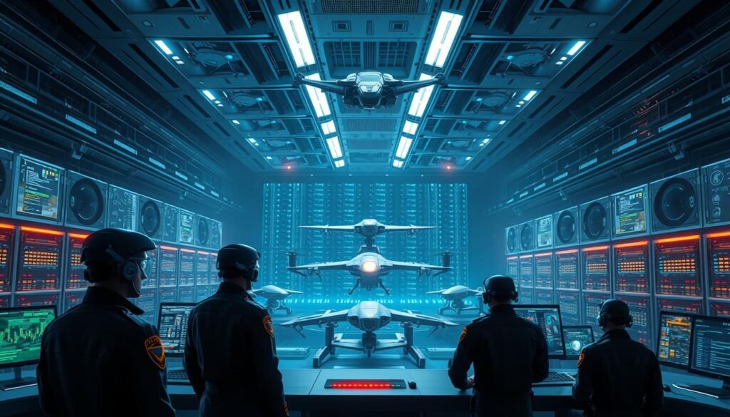 A high-tech military command center, sleek and futuristic, with holographic displays and AI-powered systems. In the foreground, uniformed officers monitor data streams, their faces illuminated by the glow of screens. In the middle ground, advanced robotic platforms and autonomous drones stand ready for deployment, their movements coordinated by complex algorithms. The background is a vast, shadowy landscape of interconnected servers and data centers, symbolizing the vast digital infrastructure that underpins modern military operations. The atmosphere is one of precision, power, and the inexorable march of technological progress, tempered by a sense of responsibility and the need for ethical governance.