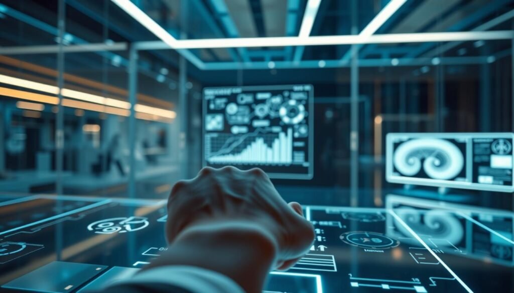 A highly advanced and streamlined human-machine collaboration interface, featuring a sleek, minimalist design with intuitive touch controls and holographic displays. The foreground showcases a pair of hands seamlessly interacting with a responsive, responsive touchscreen, while the middle ground features a 3D projection of data visualizations and schematics. The background is dominated by a futuristic, glass-encased workspace bathed in cool, ambient lighting, creating a sense of technological sophistication and integration. The overall atmosphere evokes a harmonious fusion of human dexterity and machine intelligence, embodying the frontier of human-AI collaboration. A highly advanced and streamlined human-machine collaboration interface, featuring a sleek, minimalist design with intuitive touch controls and holographic displays. The foreground showcases a pair of hands seamlessly interacting with a responsive, responsive touchscreen, while the middle ground features a 3D projection of data visualizations and schematics. The background is dominated by a futuristic, glass-encased workspace bathed in cool, ambient lighting, creating a sense of technological sophistication and integration. The overall atmosphere evokes a harmonious fusion of human dexterity and machine intelligence, embodying the frontier of human-AI collaboration.