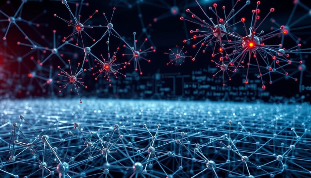 A highly detailed, hyper-realistic diagram of neural networks and deep learning, rendered in a technical, scientific style. In the foreground, a complex web of interconnected neurons and synapses, with nodes pulsing with vibrant, energetic colors. In the middle ground, a matrix of layered neural network architectures, with intricate pathways and feedback loops. In the background, a softly blurred landscape of mathematical equations, data visualizations, and abstract geometrical shapes, conveying the underlying theoretical principles. Subtle shadows and highlights accentuate the three-dimensional depth and volume of the elements. Crisp, high-resolution textures and materials, with a muted, professional color palette. Dramatic, directional lighting from the upper left, casting long, dramatic shadows and creating a sense of depth and dimensionality. A highly detailed, hyper-realistic diagram of neural networks and deep learning, rendered in a technical, scientific style. In the foreground, a complex web of interconnected neurons and synapses, with nodes pulsing with vibrant, energetic colors. In the middle ground, a matrix of layered neural network architectures, with intricate pathways and feedback loops. In the background, a softly blurred landscape of mathematical equations, data visualizations, and abstract geometrical shapes, conveying the underlying theoretical principles. Subtle shadows and highlights accentuate the three-dimensional depth and volume of the elements. Crisp, high-resolution textures and materials, with a muted, professional color palette. Dramatic, directional lighting from the upper left, casting long, dramatic shadows and creating a sense of depth and dimensionality.