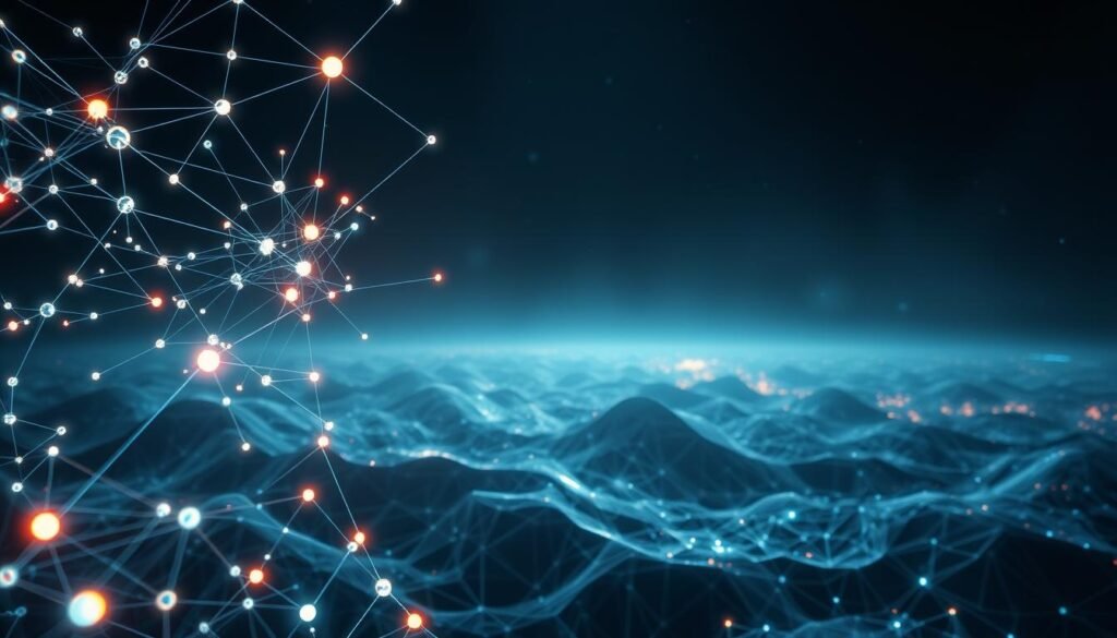 A highly detailed, photorealistic rendering of a complex neural network system, visualized in a striking and dynamic way. The foreground features an intricate web of interconnected nodes and synapses, glowing with an ethereal, neon-like energy. The middle ground showcases a fluid, undulating landscape of abstract, geometric shapes and patterns, suggesting the underlying mathematical principles powering the network. In the background, a sense of depth is created through a vast, atmospheric expanse, hinting at the immense scale and complexity of generative AI. Masterful use of lighting, with highlights and shadows accentuating the three-dimensional structure, and a moody, futuristic color palette that evokes a sense of technological wonder and innovation. A highly detailed, photorealistic rendering of a complex neural network system, visualized in a striking and dynamic way. The foreground features an intricate web of interconnected nodes and synapses, glowing with an ethereal, neon-like energy. The middle ground showcases a fluid, undulating landscape of abstract, geometric shapes and patterns, suggesting the underlying mathematical principles powering the network. In the background, a sense of depth is created through a vast, atmospheric expanse, hinting at the immense scale and complexity of generative AI. Masterful use of lighting, with highlights and shadows accentuating the three-dimensional structure, and a moody, futuristic color palette that evokes a sense of technological wonder and innovation.