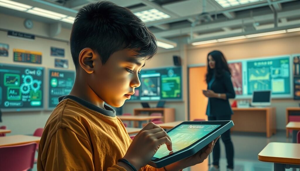 A highly detailed, realistic illustration of an AI-powered personalized learning system. In the foreground, a student using a tablet-like device, their face illuminated by the screen's glow, immersed in an adaptive learning experience tailored to their needs and progress. In the middle ground, a teacher standing by, monitoring the student's activities and providing personalized guidance through an intuitive dashboard. The background features a vibrant, futuristic classroom filled with state-of-the-art educational technology, such as interactive whiteboards, AR/VR stations, and intelligent tutoring systems. The lighting is soft and natural, creating a calm, focused atmosphere. The overall scene conveys the seamless integration of AI and personalized learning, empowering both students and educators to unlock the full potential of the classroom of the future.