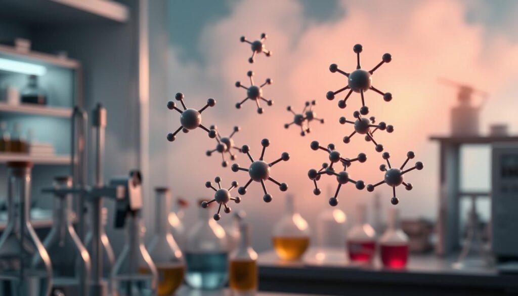 A laboratory setting with an array of glassware, beakers, and scientific instruments. In the foreground, a collection of complex, three-dimensional molecular structures float in the air, their intricate designs illuminated by soft, directional lighting. The molecules appear to be the result of advanced computational modeling and simulation, hinting at the power of generative AI in drug discovery. The background is hazy and out of focus, creating a sense of depth and emphasizing the focal point of the AI-designed molecules. The overall atmosphere is one of scientific innovation and the potential for breakthroughs in the field of medicine. A laboratory setting with an array of glassware, beakers, and scientific instruments. In the foreground, a collection of complex, three-dimensional molecular structures float in the air, their intricate designs illuminated by soft, directional lighting. The molecules appear to be the result of advanced computational modeling and simulation, hinting at the power of generative AI in drug discovery. The background is hazy and out of focus, creating a sense of depth and emphasizing the focal point of the AI-designed molecules. The overall atmosphere is one of scientific innovation and the potential for breakthroughs in the field of medicine.