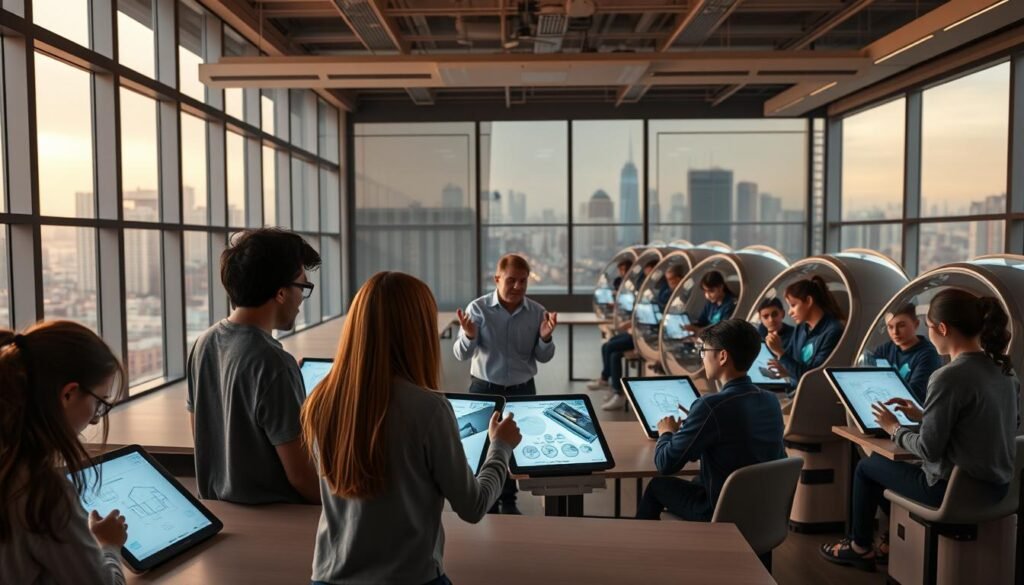A large, airy classroom with floor-to-ceiling windows overlooking a bustling city skyline. In the foreground, a group of students collaborating on sleek touchscreen tablets, their faces illuminated by the soft glow of the displays. In the middle ground, a teacher gestures animatedly, using a virtual whiteboard to illustrate a complex concept. The background is filled with futuristic learning pods, each encasing a student deeply immersed in their own personalized curriculum, all connected through a seamless, cloud-based network. Warm, diffused lighting casts a sense of wonder and possibilities, hinting at the transformative power of technology-enabled global classroom connections.