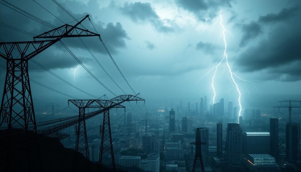 A large, ominous power grid looming in the foreground, its pylons and cables like dark, skeletal fingers reaching towards the viewer. In the middle ground, a sprawling cityscape, its gleaming skyscrapers and office buildings hinting at the critical infrastructure within. The sky above is heavy with storm clouds, casting an eerie, foreboding light over the scene. Streaks of lightning occasionally illuminate the darkness, suggesting the fragility and vulnerability of the systems that power our modern world. The overall mood is one of impending crisis, a warning of the potential dangers that AI poses to the foundations of our society. A large, ominous power grid looming in the foreground, its pylons and cables like dark, skeletal fingers reaching towards the viewer. In the middle ground, a sprawling cityscape, its gleaming skyscrapers and office buildings hinting at the critical infrastructure within. The sky above is heavy with storm clouds, casting an eerie, foreboding light over the scene. Streaks of lightning occasionally illuminate the darkness, suggesting the fragility and vulnerability of the systems that power our modern world. The overall mood is one of impending crisis, a warning of the potential dangers that AI poses to the foundations of our society.
