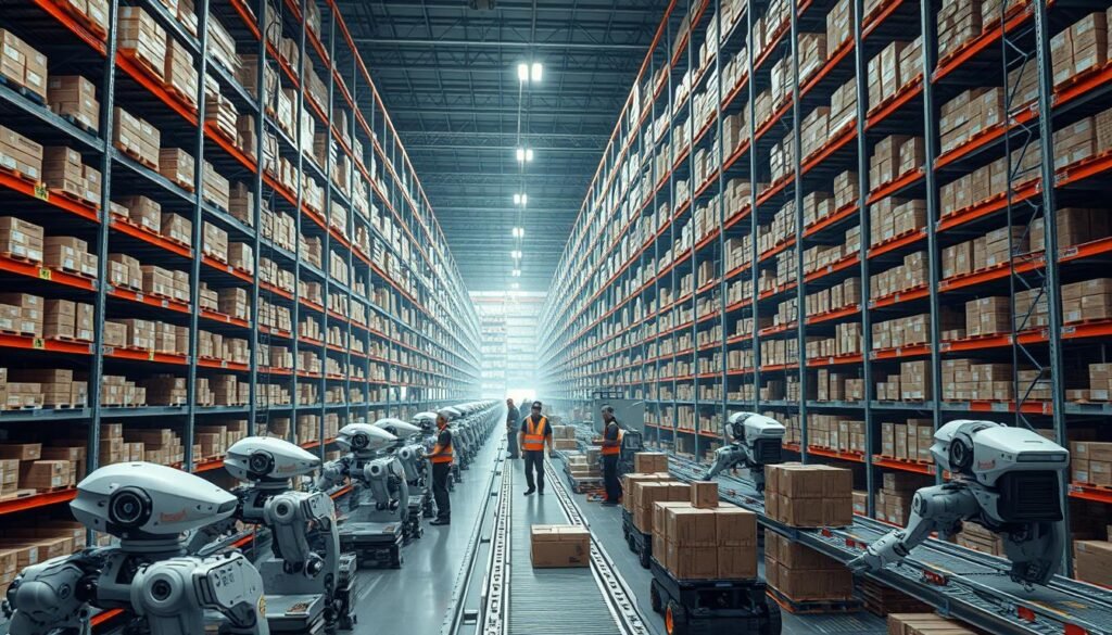 A massive Amazon warehouse, its towering shelves and conveyor belts illuminated by soft, diffused lighting. In the foreground, a team of autonomous robots diligently sorting and transporting packages, their movements fluid and efficient. In the middle ground, human workers collaborate with the robots, monitoring and overseeing the process. The background reveals the scale of the operation, with rows of shelves stretching into the distance, a testament to the power of AI-driven automation. The atmosphere is one of harmony and synergy, where human and machine work in tandem to fulfill the demands of the modern workforce. A massive Amazon warehouse, its towering shelves and conveyor belts illuminated by soft, diffused lighting. In the foreground, a team of autonomous robots diligently sorting and transporting packages, their movements fluid and efficient. In the middle ground, human workers collaborate with the robots, monitoring and overseeing the process. The background reveals the scale of the operation, with rows of shelves stretching into the distance, a testament to the power of AI-driven automation. The atmosphere is one of harmony and synergy, where human and machine work in tandem to fulfill the demands of the modern workforce.