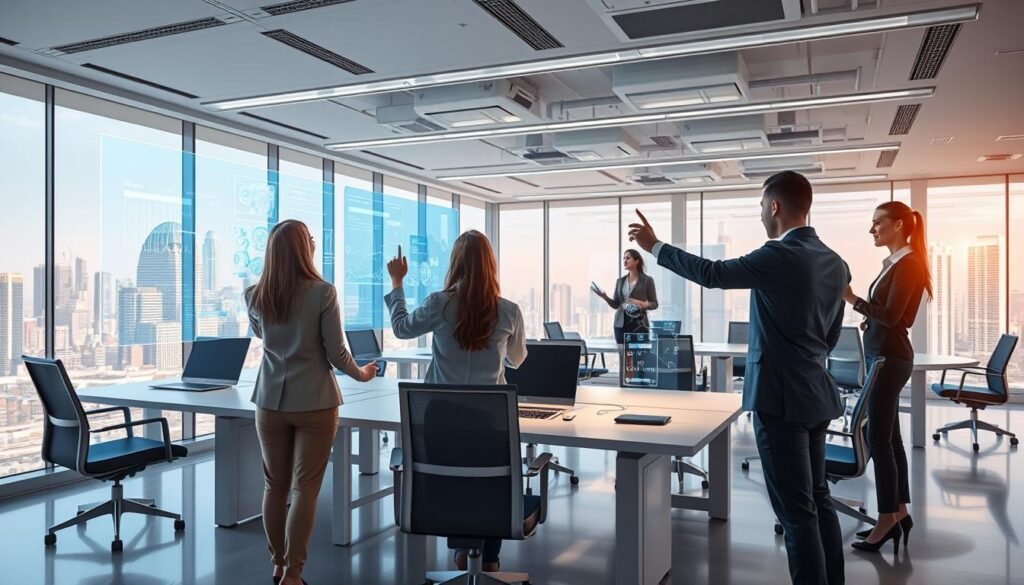 A modern, brightly lit office space with a variety of AI-powered collaboration tools. In the foreground, a team of professionals interacting with holographic displays, manipulating data visualizations and virtual models with fluid hand gestures. The middle ground features sleek, minimalist desks and ergonomic chairs arranged in a collaborative layout. In the background, floor-to-ceiling windows offer a panoramic view of a bustling cityscape. The atmosphere is one of focused productivity, seamless integration of technology, and human-AI synergy.