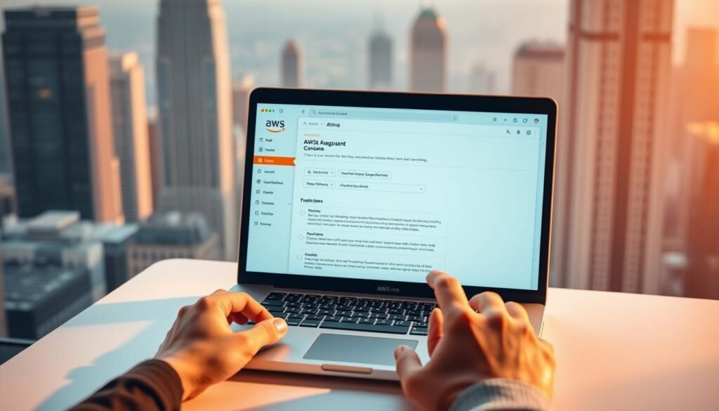 A modern, minimalist tutorial for setting up an AWS Athena account. A MacBook Pro laptop rests on a clean white desk, its screen displaying the AWS Management Console. In the foreground, hands interact with the laptop, navigating through Athena service configuration steps. The background features a blurred cityscape with towering skyscrapers, conveying a sense of professional sophistication. Warm, natural lighting casts a subtle glow, creating a productive and informative atmosphere. The overall scene is crisp, well-composed, and designed to visually guide the viewer through the AWS Athena account setup process. A modern, minimalist tutorial for setting up an AWS Athena account. A MacBook Pro laptop rests on a clean white desk, its screen displaying the AWS Management Console. In the foreground, hands interact with the laptop, navigating through Athena service configuration steps. The background features a blurred cityscape with towering skyscrapers, conveying a sense of professional sophistication. Warm, natural lighting casts a subtle glow, creating a productive and informative atmosphere. The overall scene is crisp, well-composed, and designed to visually guide the viewer through the AWS Athena account setup process.