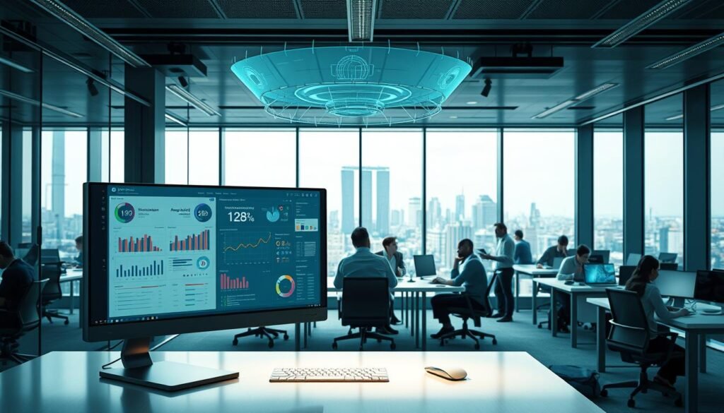 A modern office interior with a focus on AI-powered productivity enhancements. In the foreground, a sleek, minimalist desk features a state-of-the-art computer monitor displaying analytical dashboards and productivity metrics. Hovering above the desk, a holographic assistant offers personalized recommendations and task automation. In the middle ground, collaborative workspaces are filled with employees engaged in animated discussions, utilizing voice-controlled interfaces and gesture-based controls. The background depicts a panoramic view of the city skyline, visible through floor-to-ceiling windows, creating a sense of connectivity and progress. Soft, directional lighting and a cool, sophisticated color palette convey an atmosphere of efficiency, innovation, and the seamless integration of AI into the modern workplace. A modern office interior with a focus on AI-powered productivity enhancements. In the foreground, a sleek, minimalist desk features a state-of-the-art computer monitor displaying analytical dashboards and productivity metrics. Hovering above the desk, a holographic assistant offers personalized recommendations and task automation. In the middle ground, collaborative workspaces are filled with employees engaged in animated discussions, utilizing voice-controlled interfaces and gesture-based controls. The background depicts a panoramic view of the city skyline, visible through floor-to-ceiling windows, creating a sense of connectivity and progress. Soft, directional lighting and a cool, sophisticated color palette convey an atmosphere of efficiency, innovation, and the seamless integration of AI into the modern workplace.
