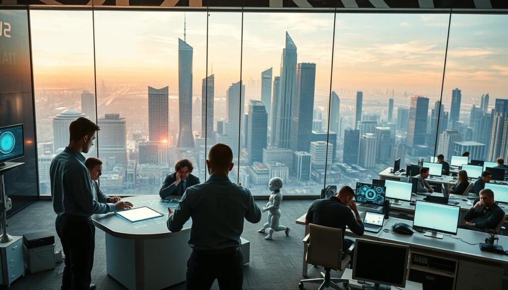 A modern office setting, filled with the latest technology and AI-powered devices. In the foreground, a group of professionals collaborating around a sleek, high-tech conference table, their faces illuminated by the glow of holographic displays. In the middle ground, rows of desks with employees immersed in their work, assisted by intelligent software and robotic assistants. The background features a panoramic view of the cityscape, with towering skyscrapers and futuristic architecture, symbolizing the rapid advancement of AI integration within the modern workplace. The lighting is warm and inviting, creating a productive and innovative atmosphere. Captured with a wide-angle lens to convey the scale and scope of AI's growing presence in the corporate landscape. A modern office setting, filled with the latest technology and AI-powered devices. In the foreground, a group of professionals collaborating around a sleek, high-tech conference table, their faces illuminated by the glow of holographic displays. In the middle ground, rows of desks with employees immersed in their work, assisted by intelligent software and robotic assistants. The background features a panoramic view of the cityscape, with towering skyscrapers and futuristic architecture, symbolizing the rapid advancement of AI integration within the modern workplace. The lighting is warm and inviting, creating a productive and innovative atmosphere. Captured with a wide-angle lens to convey the scale and scope of AI's growing presence in the corporate landscape.