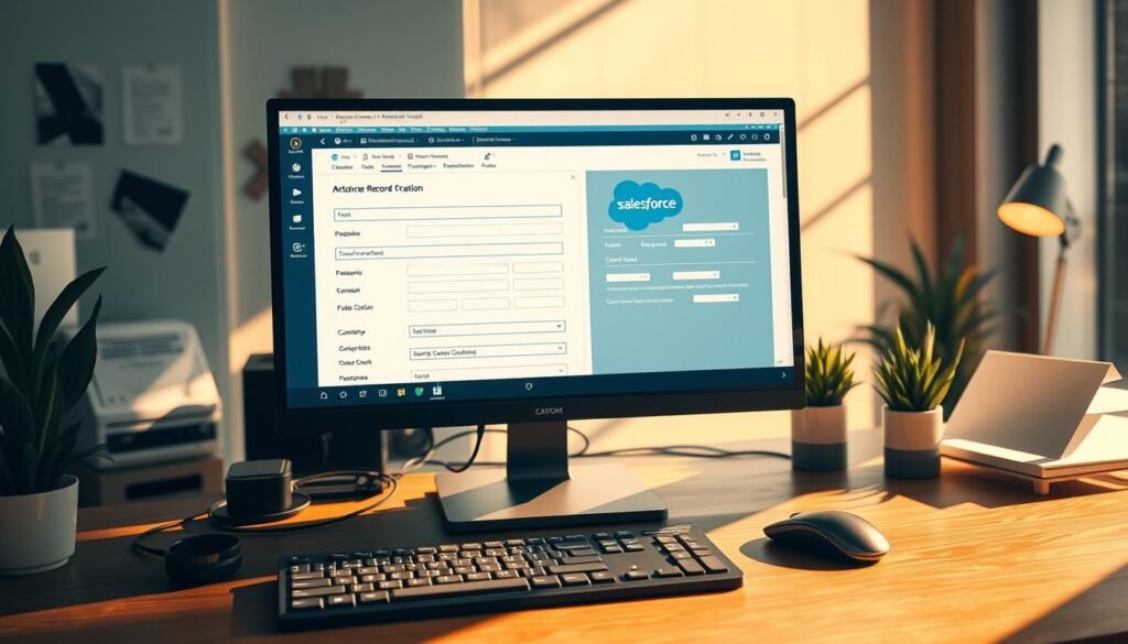 A modern office workspace with a large desktop computer, keyboard, and mouse. On the computer screen, a Salesforce record creation tutorial is displayed, showcasing various fields and input options. The lighting is warm and natural, casting a soft glow across the scene. The camera angle is slightly elevated, providing a clear view of the workspace and the computer screen. The atmosphere is one of focus and productivity, with a sense of professionalism and attention to detail. The overall mood is one of educational guidance and technological fluency. A modern office workspace with a large desktop computer, keyboard, and mouse. On the computer screen, a Salesforce record creation tutorial is displayed, showcasing various fields and input options. The lighting is warm and natural, casting a soft glow across the scene. The camera angle is slightly elevated, providing a clear view of the workspace and the computer screen. The atmosphere is one of focus and productivity, with a sense of professionalism and attention to detail. The overall mood is one of educational guidance and technological fluency.