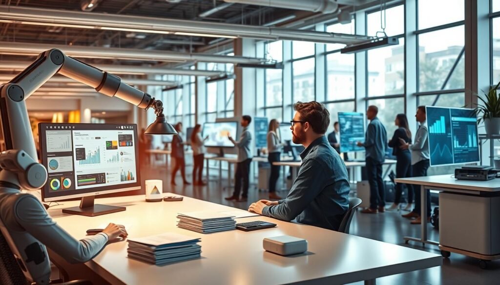 A modern open-plan office, bathed in natural light from expansive windows. In the foreground, a human collaborator sits at a sleek, minimalist desk, intently focused on a high-resolution display showcasing data visualizations and AI-generated insights. Beside them, a robotic arm effortlessly sorts and organizes documents, seamlessly integrating digital and physical workflows. In the middle ground, other employees engage in lively discussions, their faces illuminated by the glow of interactive whiteboards and holographic projections. The air is charged with a sense of productive synergy, as human ingenuity and machine intelligence work in harmony. The background features cutting-edge technologies - autonomous mobile robots, intelligent sensing systems, and adaptive environmental controls - all working together to create an efficient, responsive, and ergonomic workspace. The overall atmosphere conveys a vision of the future workplace, where humans and machines collaborate to unlock new levels of productivity, A modern open-plan office, bathed in natural light from expansive windows. In the foreground, a human collaborator sits at a sleek, minimalist desk, intently focused on a high-resolution display showcasing data visualizations and AI-generated insights. Beside them, a robotic arm effortlessly sorts and organizes documents, seamlessly integrating digital and physical workflows. In the middle ground, other employees engage in lively discussions, their faces illuminated by the glow of interactive whiteboards and holographic projections. The air is charged with a sense of productive synergy, as human ingenuity and machine intelligence work in harmony. The background features cutting-edge technologies - autonomous mobile robots, intelligent sensing systems, and adaptive environmental controls - all working together to create an efficient, responsive, and ergonomic workspace. The overall atmosphere conveys a vision of the future workplace, where humans and machines collaborate to unlock new levels of productivity,