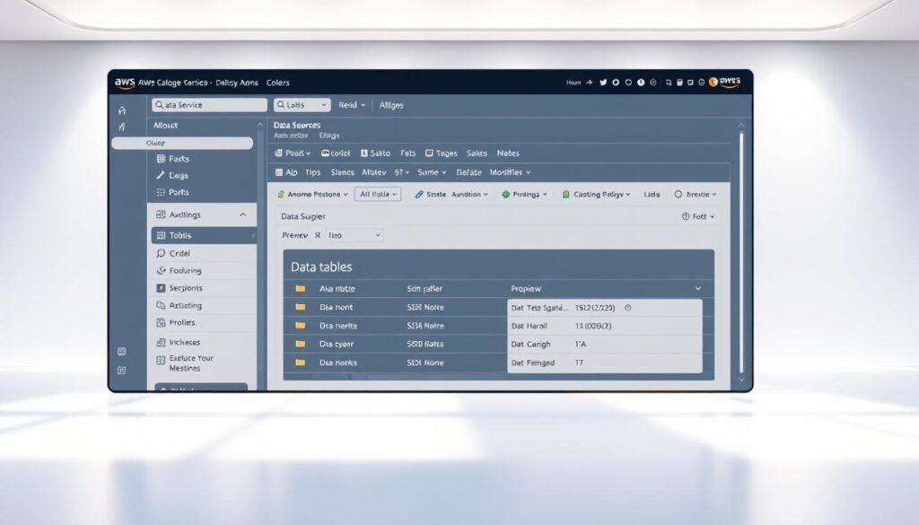 A modern, well-lit data catalog interface for the AWS Glue service. In the foreground, a sleek dashboard showcases various data sources, with intuitive controls and filters. The middle ground features a detailed view of a specific data table, highlighting its schema, properties, and preview. In the background, a clean and minimal layout with subtle gradients and shadows, creating a professional and polished atmosphere. The overall scene conveys a sense of efficiency, organization, and user-friendliness in managing and exploring a data catalog within the AWS ecosystem. A modern, well-lit data catalog interface for the AWS Glue service. In the foreground, a sleek dashboard showcases various data sources, with intuitive controls and filters. The middle ground features a detailed view of a specific data table, highlighting its schema, properties, and preview. In the background, a clean and minimal layout with subtle gradients and shadows, creating a professional and polished atmosphere. The overall scene conveys a sense of efficiency, organization, and user-friendliness in managing and exploring a data catalog within the AWS ecosystem.