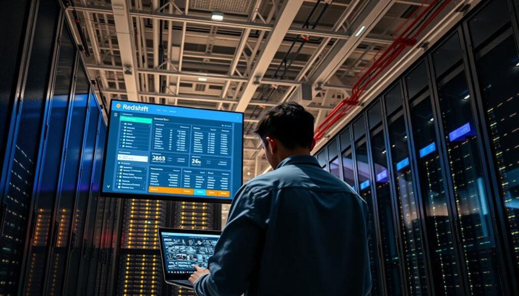 A modern, well-lit data center interior with sleek, steel-frame server racks and glowing LED indicators. In the foreground, a technician working on a laptop, analyzing data visualizations and dashboards. In the middle ground, a large display screen shows a Redshift database management interface with tables, queries, and upload progress bars. The background features high-ceiling architecture with exposed infrastructure, conveying a sense of scale and technological sophistication. The overall scene exudes a professional, workflow-oriented atmosphere suitable for a tutorial on loading data into Amazon Redshift. A modern, well-lit data center interior with sleek, steel-frame server racks and glowing LED indicators. In the foreground, a technician working on a laptop, analyzing data visualizations and dashboards. In the middle ground, a large display screen shows a Redshift database management interface with tables, queries, and upload progress bars. The background features high-ceiling architecture with exposed infrastructure, conveying a sense of scale and technological sophistication. The overall scene exudes a professional, workflow-oriented atmosphere suitable for a tutorial on loading data into Amazon Redshift.