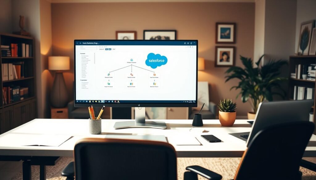 A neatly organized office interior, with a large monitor displaying a Salesforce relationship diagram on the screen. The foreground features a professional-looking desk, with a laptop, pen holder, and other office supplies. The middle ground showcases a comfortable office chair and a potted plant, creating a sense of balance and productivity. The background depicts a warm, well-lit room with bookshelves, framed artwork, and a cozy ambiance, conveying a productive and inspiring workspace. The lighting is soft and natural, creating a calming atmosphere. The camera angle is slightly elevated, providing a clear and unobstructed view of the setup, emphasizing the tutorial-like nature of the scene. A neatly organized office interior, with a large monitor displaying a Salesforce relationship diagram on the screen. The foreground features a professional-looking desk, with a laptop, pen holder, and other office supplies. The middle ground showcases a comfortable office chair and a potted plant, creating a sense of balance and productivity. The background depicts a warm, well-lit room with bookshelves, framed artwork, and a cozy ambiance, conveying a productive and inspiring workspace. The lighting is soft and natural, creating a calming atmosphere. The camera angle is slightly elevated, providing a clear and unobstructed view of the setup, emphasizing the tutorial-like nature of the scene.