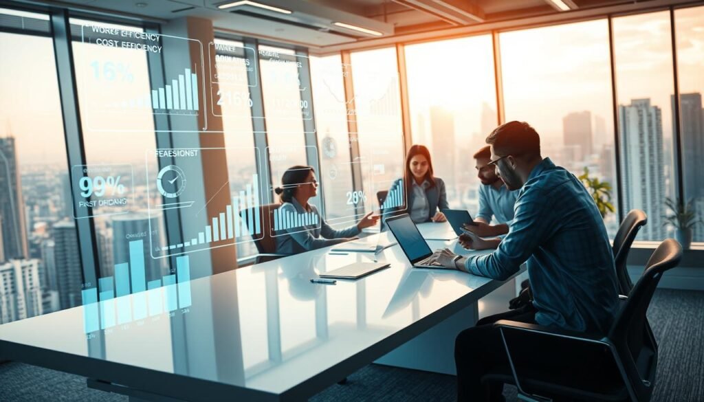 A photorealistic digital illustration depicting the economic impacts of workforce AI. The foreground shows a series of holographic productivity metrics and visualizations floating above a sleek, minimalist office desk. The metrics display metrics like worker efficiency, cost savings, and revenue growth. The middle ground features a team of diverse office workers collaborating around the desk, gesturing towards the data. The background is a bright, futuristic office space with floor-to-ceiling windows overlooking a bustling cityscape. Warm, natural lighting filters in, creating a sense of productivity and progress. The overall mood is one of innovation, optimization, and the transformative power of AI in the modern workforce. A photorealistic digital illustration depicting the economic impacts of workforce AI. The foreground shows a series of holographic productivity metrics and visualizations floating above a sleek, minimalist office desk. The metrics display metrics like worker efficiency, cost savings, and revenue growth. The middle ground features a team of diverse office workers collaborating around the desk, gesturing towards the data. The background is a bright, futuristic office space with floor-to-ceiling windows overlooking a bustling cityscape. Warm, natural lighting filters in, creating a sense of productivity and progress. The overall mood is one of innovation, optimization, and the transformative power of AI in the modern workforce.