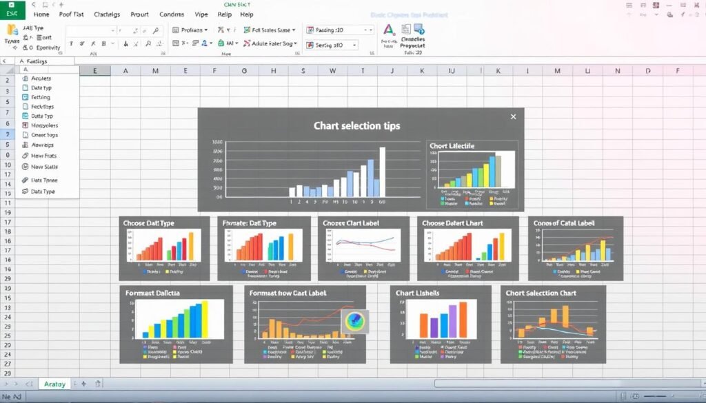 A professional, well-lit, high-resolution image of an Excel spreadsheet interface showcasing various chart selection tips. The foreground features a clean, organized workspace with a large central chart area surrounded by chart type icons, chart customization menus, and other relevant Excel UI elements. The middle ground depicts a series of carefully curated chart examples, each illustrating a specific chart selection tip, such as choosing the optimal chart type, formatting data labels, and adjusting axis scales. The background provides a subtle gradient or textured backdrop that enhances the overall aesthetic and conveys a sense of productivity and expertise. The lighting is soft and balanced, creating depth and clarity throughout the scene.