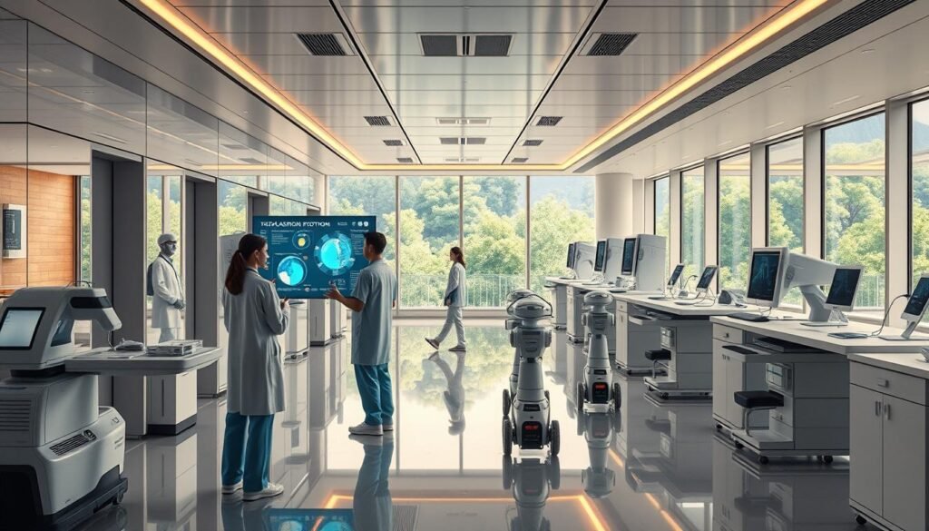 A sleek and modern medical facility, filled with cutting-edge AI-powered technologies. In the foreground, a team of healthcare professionals collaborates around a holographic display, analyzing patient data and simulating treatment options. In the middle ground, autonomous robots efficiently navigate the corridors, delivering supplies and assisting with tasks. The background features rows of diagnostic machines and specialized workstations, all connected to a centralized AI system that orchestrates the seamless integration of data, decision-making, and patient care. Warm, indirect lighting casts a serene glow, while large windows offer a panoramic view of a verdant, futuristic cityscape, hinting at the transformative impact of AI on the future of healthcare. A sleek and modern medical facility, filled with cutting-edge AI-powered technologies. In the foreground, a team of healthcare professionals collaborates around a holographic display, analyzing patient data and simulating treatment options. In the middle ground, autonomous robots efficiently navigate the corridors, delivering supplies and assisting with tasks. The background features rows of diagnostic machines and specialized workstations, all connected to a centralized AI system that orchestrates the seamless integration of data, decision-making, and patient care. Warm, indirect lighting casts a serene glow, while large windows offer a panoramic view of a verdant, futuristic cityscape, hinting at the transformative impact of AI on the future of healthcare.