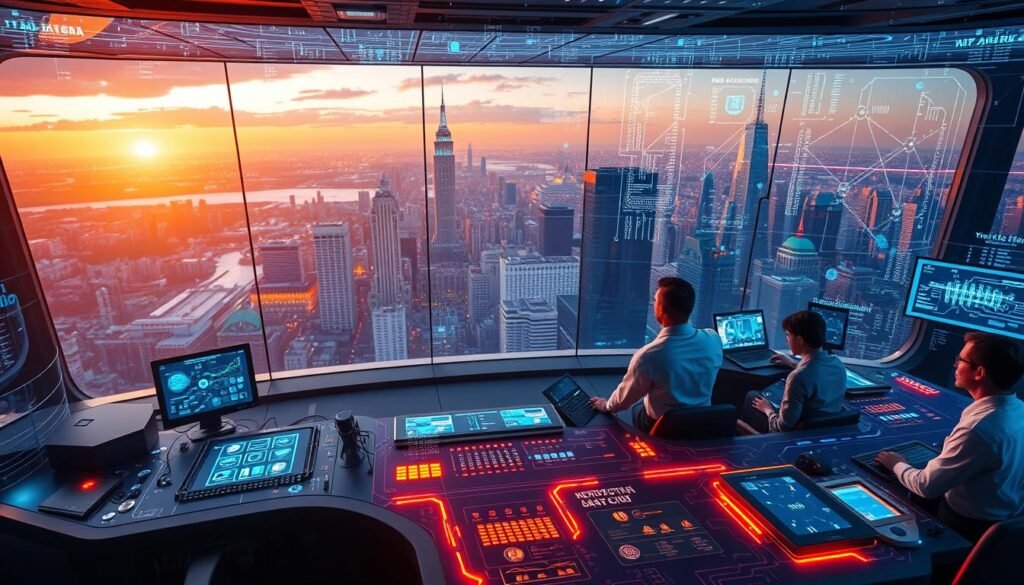 A sleek, futuristic control center with holographic data visualization displays, surrounded by a complex network of interlocking circuits and microchips. In the foreground, a central console with pulsing lights and interactive panels, manned by a team of AI technicians in crisp uniforms. The background features a panoramic view of a bustling city skyline, illuminated by the warm glow of ambient lighting. The scene conveys a sense of power, precision, and the seamless integration of human and machine intelligence. A sleek, futuristic control center with holographic data visualization displays, surrounded by a complex network of interlocking circuits and microchips. In the foreground, a central console with pulsing lights and interactive panels, manned by a team of AI technicians in crisp uniforms. The background features a panoramic view of a bustling city skyline, illuminated by the warm glow of ambient lighting. The scene conveys a sense of power, precision, and the seamless integration of human and machine intelligence.